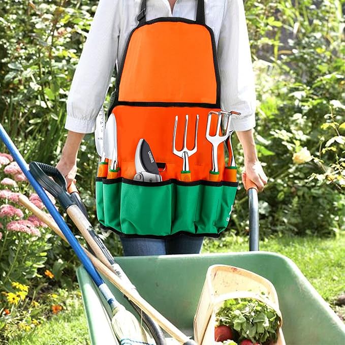 UKOKE Garden Tool Set 12 Piece Aluminum Hand Tool Kit Garden Canvas Apron with Storage Pocket Outdoor Tool Heavy Duty Gardening Work Set with Ergonomic Handle Gardening Tools for women men