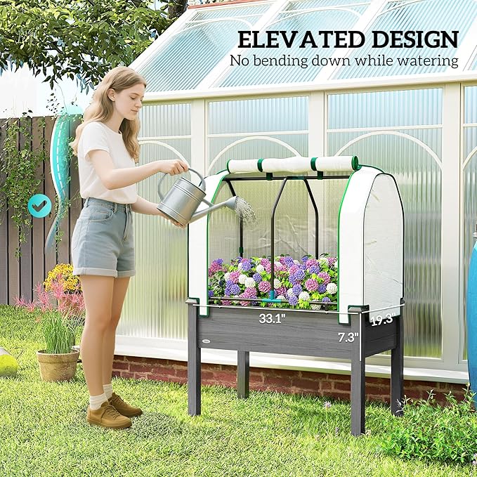 Outsunny Raised Garden Bed with PE Greenhouse Cover Outdoor Elevated Wood Planter Box for Herbs and Vegetables Use for Patio Backyard Balcony 35 x 22 x 47 inch Dark Gray
