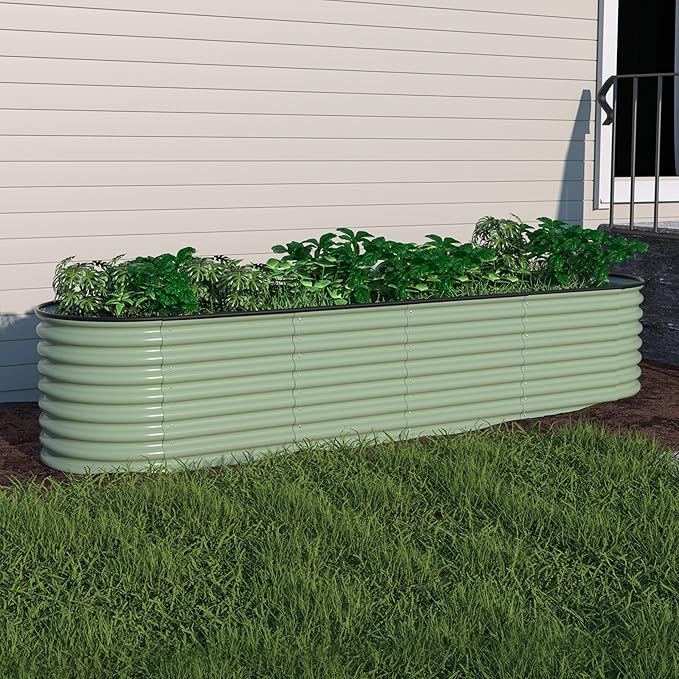 MUPATER 8x2x2ft Galvanized Raised Garden Bed 9-in-1 Modular Metal Planter Box with Aluminum Support Rods Oval Outdoor Planter for Vegetables Flowers Backyard Patio Olive Green