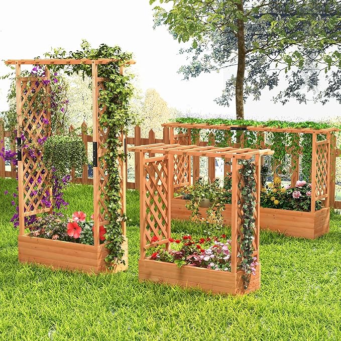MAT EXPERT Raised Garden Bed with Trellis &amp Hanging Roof Lattice Panel with Drainage Hole for Flower Climbing Plant Herb Planter Box for Garden Patio Yard (2 43.5 x 17.5 x 44 (L x W x H)