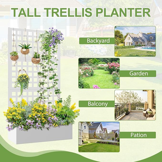 Metal Raised Garden Bed Trellis Planters Bed with Drainage Holes for Climbing Plants Vegetables Outdoor Privacy Screen with Planter Box 73x35x16 White