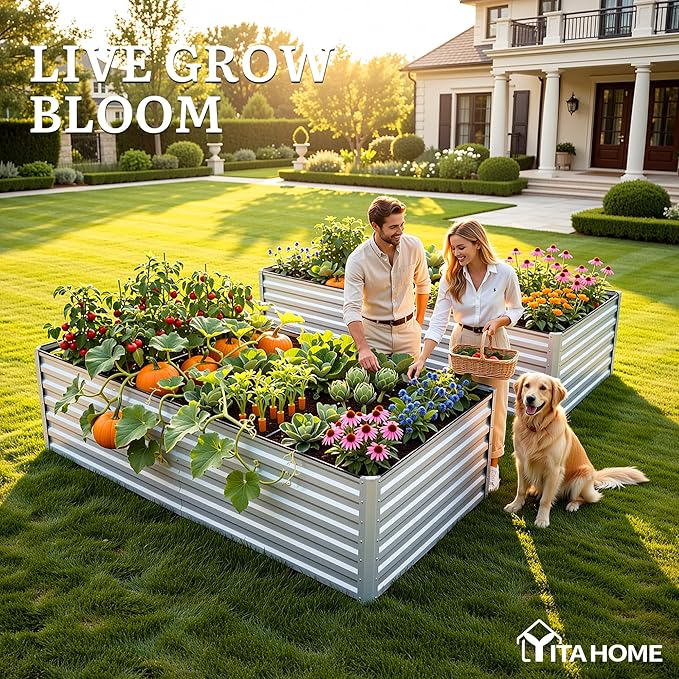 YITAHOME 8x4x2ft 2pcs Large Raised Garden Bed Kit Galvanized Metal Planter Box with Gloves Ground Nails &amp Safety Rubber Outdoor Above Ground Planters for Plants Vegetables Flowers Silver