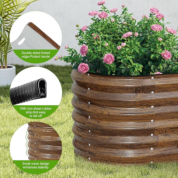 ZORMY Galvanized Raised Garden Bed Outdoor- 6x2x1.4ft Oval Steel Raised Beds for Gardening Metal Planter Box with Protective Strip and Gloves for Vegetables Flowers Fruits (Brown)
