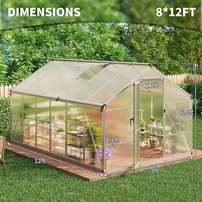 8x12 FT Greenhouse Greenhouses for Outside Polycarbonate Greenhouse with Aluminum Frame Lockable Door and Ajustable Roof Vent for Backyard Green Houses for Outside Garden Backyard Patio