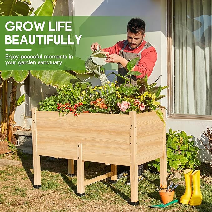 SPECRAFT 4x2 Ft Raised Garden Bed - Features Legs Drainage Holes Ideal for Vegetables Flowers Elevated Wood Planter Box for Balcony Patio Backyard Easy Assembly Fir Wood