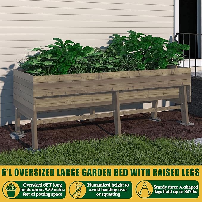 VEIKOU Raised Garden Bed 6 x 3 x 2FT Raised Garden Beds Outdoor with 6 Legs Detachable Liner Garden Bed for Backyard Patio Balcony 837lbs Capacity Light Mocha Brown