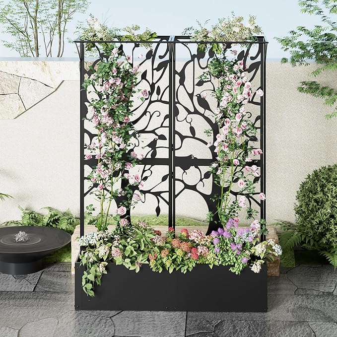 Metal Planter Box with Trellis Set of 2 Outdoor Privacy Planters for Patio Tall Raised Garden Bed for Climbing Plants Vegetables Fruits Balcony Outside 62.4 x 12.2 x 44.6 Inch 2PCS Black