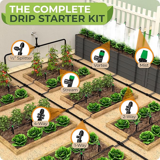CARPATHEN Drip Irrigation System - Adjustable Quick Connect Irrigation System for Gardens up to 131ft Raised Beds - Complete Garden Watering System - 1/4 Emitters 1/2 and 1/4 Tubing and Connectors