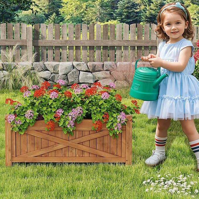 Giantex Wooden Raised Garden Bed w/ 5 Drainage Holes Elevated Rectangular Outdoor Planter Box for Flowers Herbs Vegetables Wood Gardening Container for Patio Garden Yard Balcony 36'' x 16'' x 15''