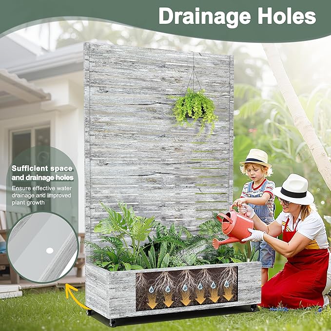 Metal Planter Boxs with Trellis &amp Wheels for Outdoor Plants Vines Large Raised Garden Beds with Drainage Holes for Patio (47 L Gray Oak Grain)