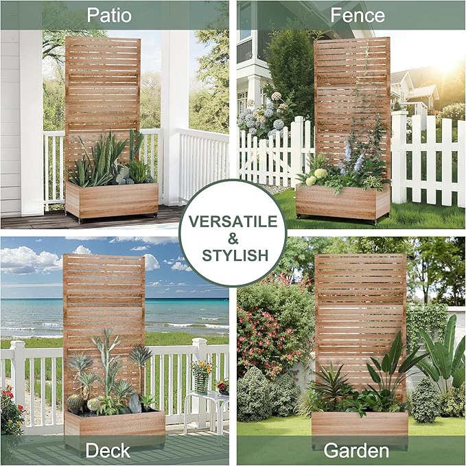 Metal Planter Box with Trellis for Patio Outdoor Raised Garden Beds with Privacy Screen Wheels Drainage Holes (35 L Brown Oak Grain)