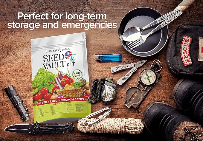 Gardeners Basics Survival Vegetable Seeds Garden Kit Over 16000 Seeds Non-GMO and Heirloom Great for Emergency Bugout Survival Gear 35 Varieties Seeds for Planting Vegetables 35 Free Plant Markers