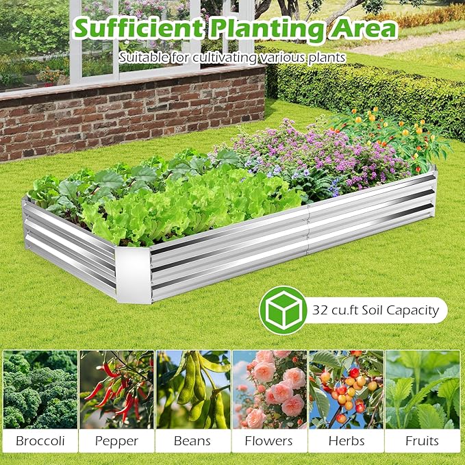 HAPPYGRILL 8x4x1FT Galvanized Raised Garden Bed Outdoor Metal Planter Box for Vegetable Flower Fruit Herb Galvanized Metal Garden Box with Open-Ended Base