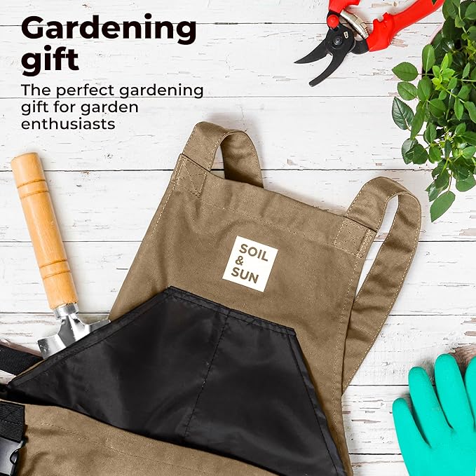 Soil &amp Sun Gardening Apron with Pockets and Harvesting Pouch - Durable Canvas Design for Men and Women - Convenient Tool Storage and Effortless Harvesting (Dark Beige)