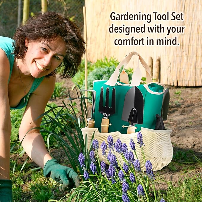Garden Tools Set – Gardening Tools Organizer Handbag – Rust Proof Heavy Duty Ergonomic &amp Durable Tool Bag Kit – Gardening Gifts for Women &amp Men – Garden Tool Organizer Tote Bag with 10 Piece