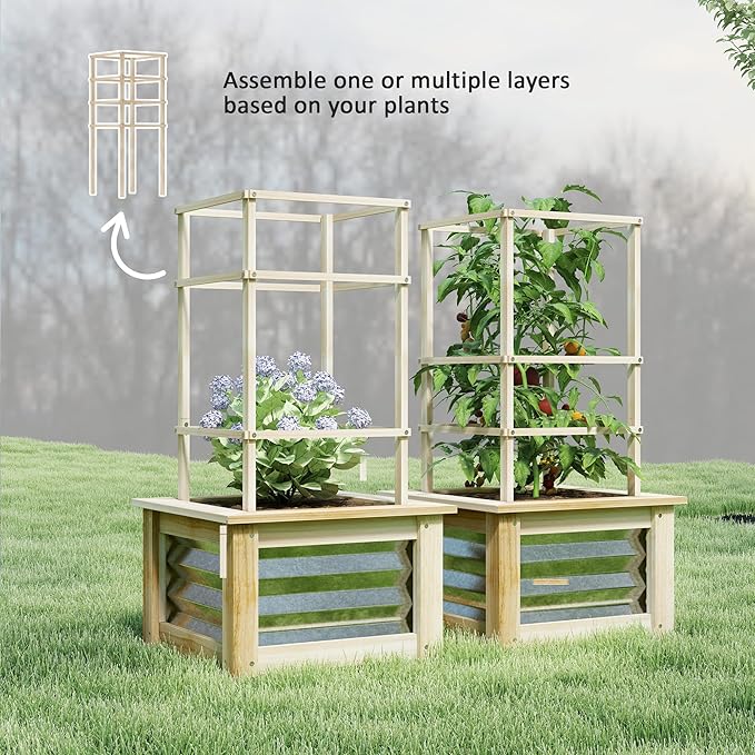 Outsunny Raised Garden Bed with Trellis Wooden Planter Box with Galvanized Steel Sides Raised Flower Bed for Climbing Plants Flowers Fruits and Vegetables Natural Wood