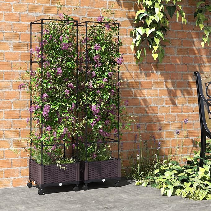 S AFSTAR Raised Garden Bed with Tomato Cage 67 Planter Box W/Trellis &amp Lockable Wheels Free Height Combination Self-Watering Plastic Garden Box Plant Container for Climbing Plants Vegetable (2)