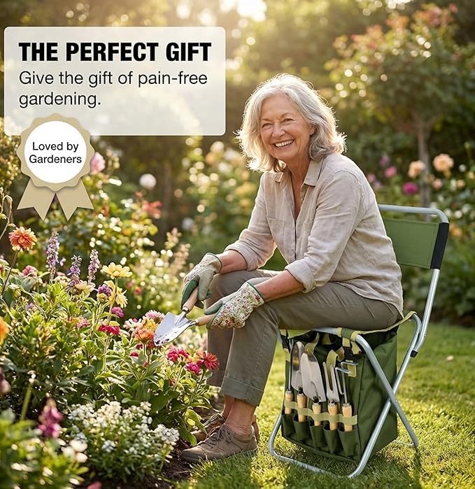 10-piece Gardening Tool Set with Zippered Detachable Tote and Folding Stool Seat with Backrest
