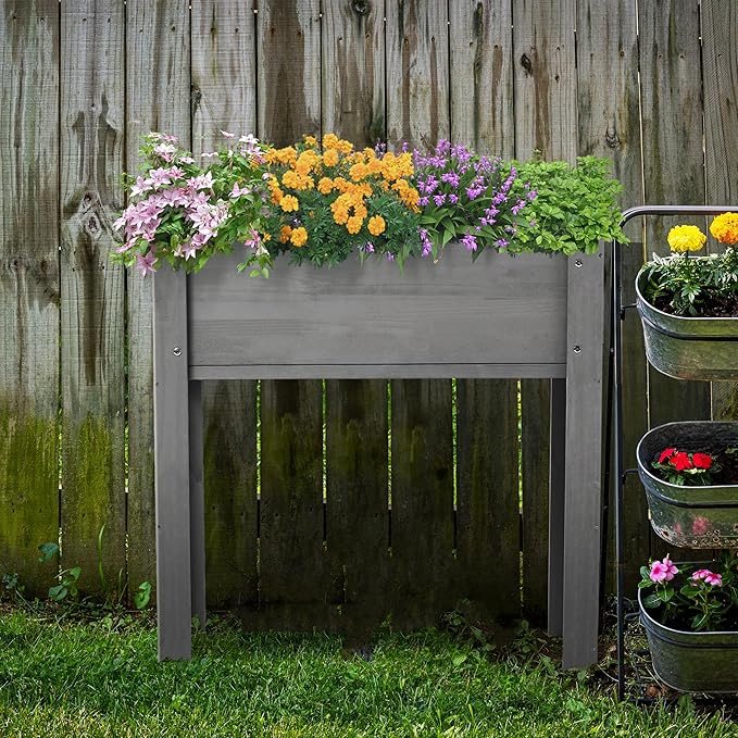 31x31x16 Inch Wooden Raised Garden Bed with Legs Raised Planter Box Elevated Garden Beds Outdoor Raised Flower Bed for Patio Deck Balcony Grey