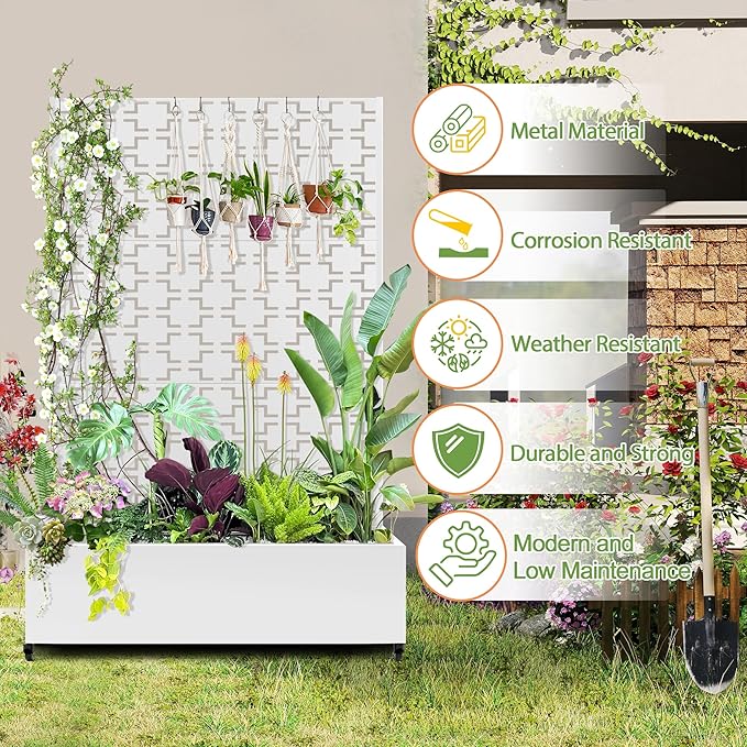 Raised Garden Bed with Trellis and Wheels73x47x16 Metal Raised Garden BedWhite Squared Metal Planter with Climbing Trellis for Vines &amp Vegetables