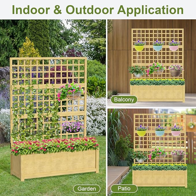 Raised Garden Bed with Trellis Freestanding Wood Planter Box w/Drainage Holes for Vine Climbing Plants Flowers Elevated Garden Box Outdoor Planter with Trellis for Patio Balcony