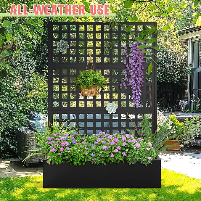 Metal Planter Box with Trellis Raised Garder Bed with Drainage Hole Privacy Screen &amp Trellis for Climbing Plants Outdoor Plant Stands 47''L×17''W×71''H Black