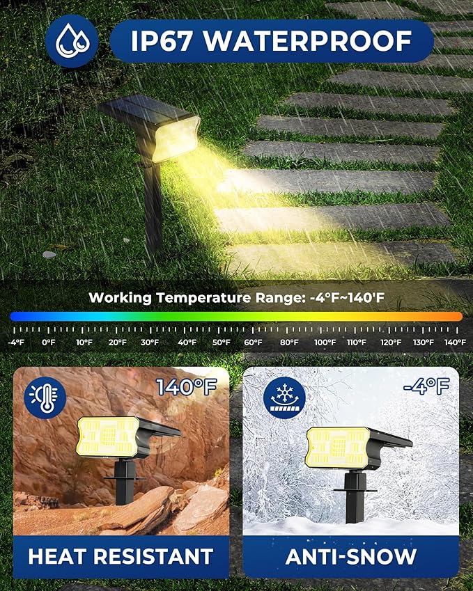 HGGH Solar Lights Outdoor Waterproof IP67 60 LED 3 Lighting Modes Solar Spot Lights Outdoor for Yard Garden Pathway Landscape Auto On/Off Function 2 in 1(Warm White 4 Pack)