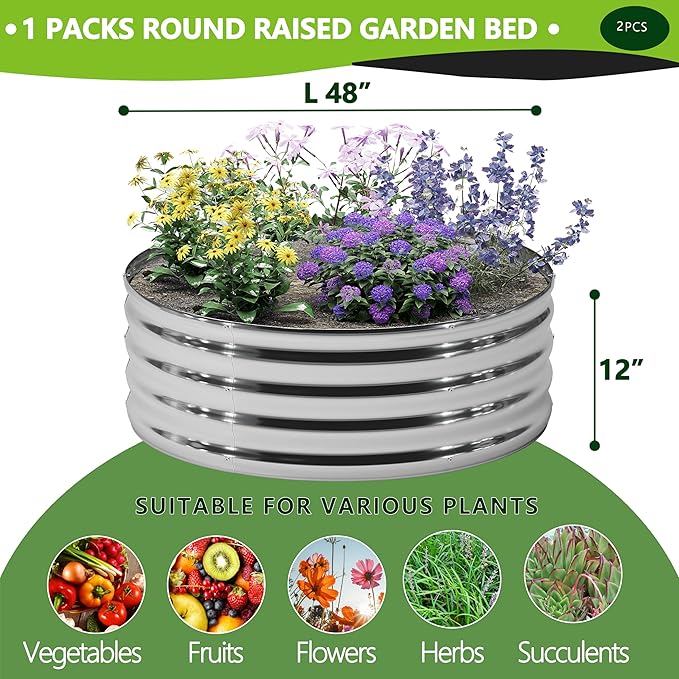 2PCS 4x4x1FT Galvanized Raised Garden Bed KitVegetable Boxes-Round Metal Flower BoxLarge Planter Raised Beds Outdoor Garden for PlantingFruitHerb-Silver