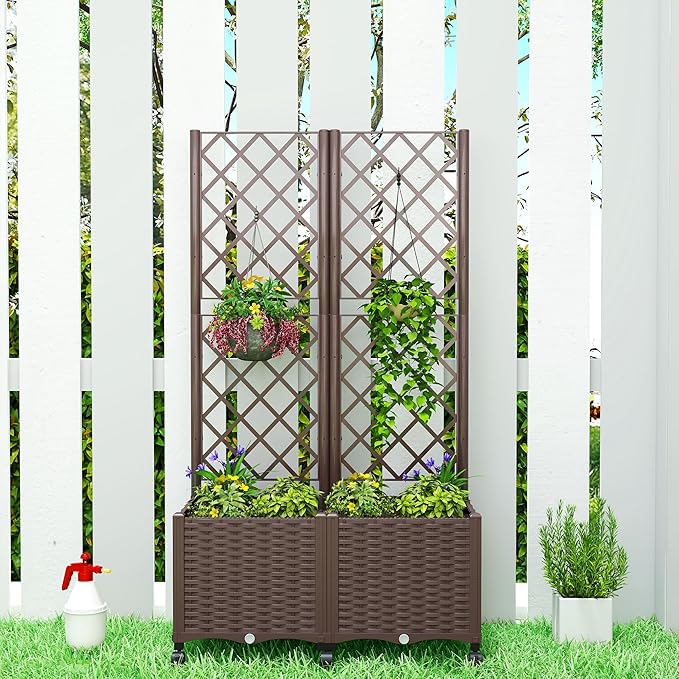 Outsunny Planter Box with Trellis Self Watering Raised Garden Bed with Lockable Wheels 56.3 Trellis Privacy Planter with Drainage Holes for Climbing Plants Vines Vegetables Flowers Brown