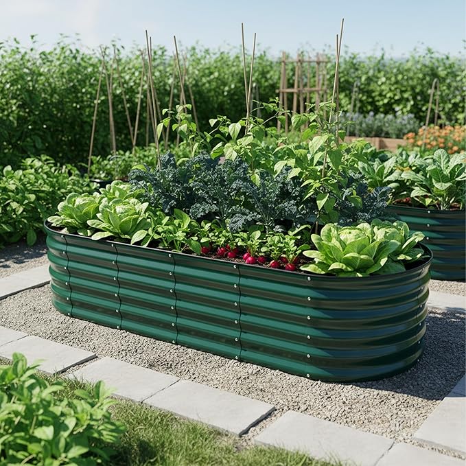 Relaxdays Raised Bed Galvanised Metal Flowers Plants &amp Vegetables H 45 x W 150 x D 60 cm Oval Plant Bed Green