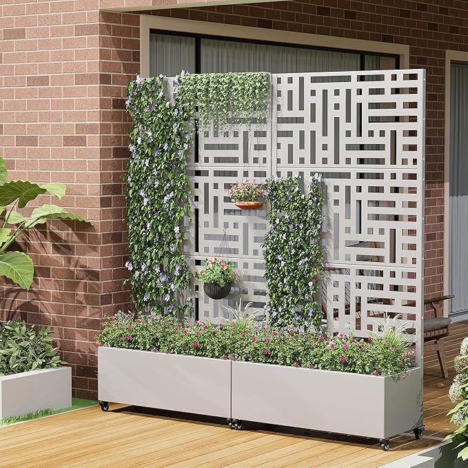 Casaphoria Metal Raised Garden Bed with Trellis and Wheels 72x35x16 Planter Box for Climbing Plants Vegetables &amp Vines Features Drainage Holes and Privacy Screen (Grey-Helen)