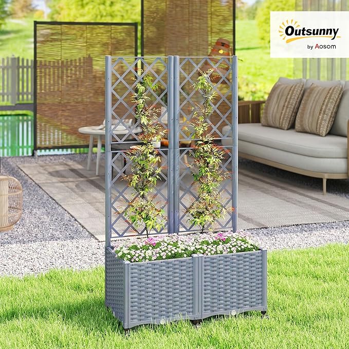 Outsunny Planter Box with Trellis Self Watering Raised Garden Bed with Lockable Wheels 56.3 Trellis Privacy Planter with Drainage Holes for Climbing Plants Vines Vegetables Flowers Gray
