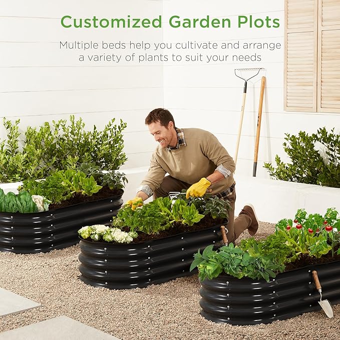 Best Choice Products 4x2x1ft Outdoor Metal Raised Garden Bed Oval Deep Root Planter Box for Vegetables Flowers Herbs and Succulents w/ 51 Gallon Capacity Rubber Edge Guard - Black