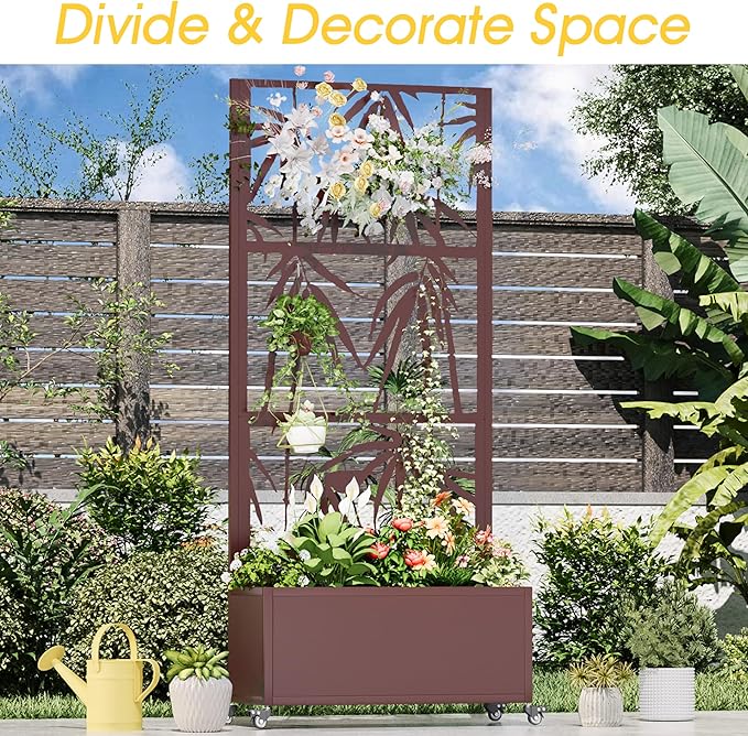 Metal Mobile Planter Box with Trellis 75x 32x 15 Moblie Planter Box Trellis with Privacy Screen Drainage Holes and 4 Lockable Wheels Brown Bamboo Style