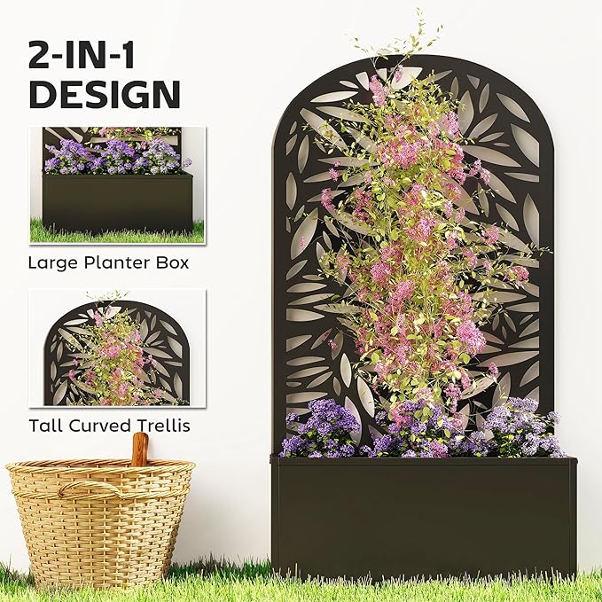 Outsunny Metal Raised Garden Bed with Trellis for Climbing Plants Freestanding or Wall Mounted Flower Bed with Cueved Privacy Panel Leaves Cut-Out Outdoor Planter Box for Garden Patio Balcony