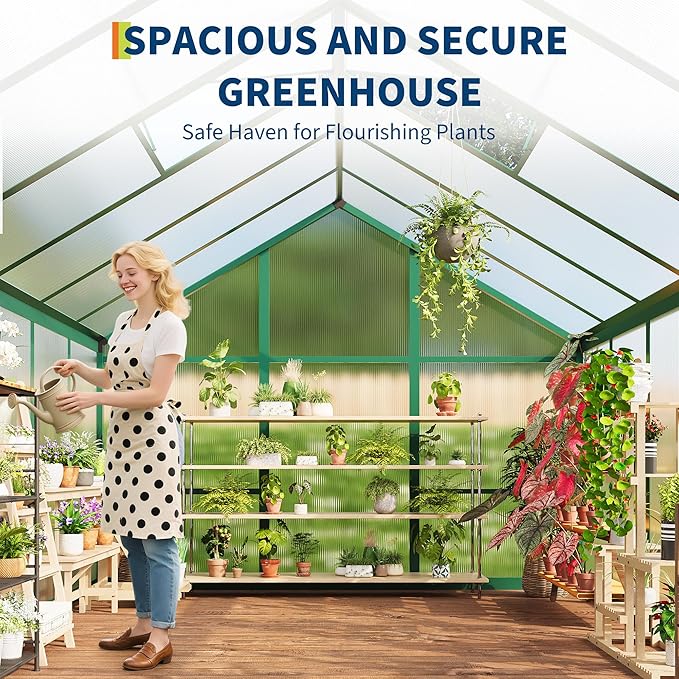 6x10 FT Greenhouse Greenhouses for Outside Polycarbonate Greenhouse with Aluminum Frame Lockable Door and Ajustable Roof Vent for Backyard Green Houses for Outside Garden Backyard Patio