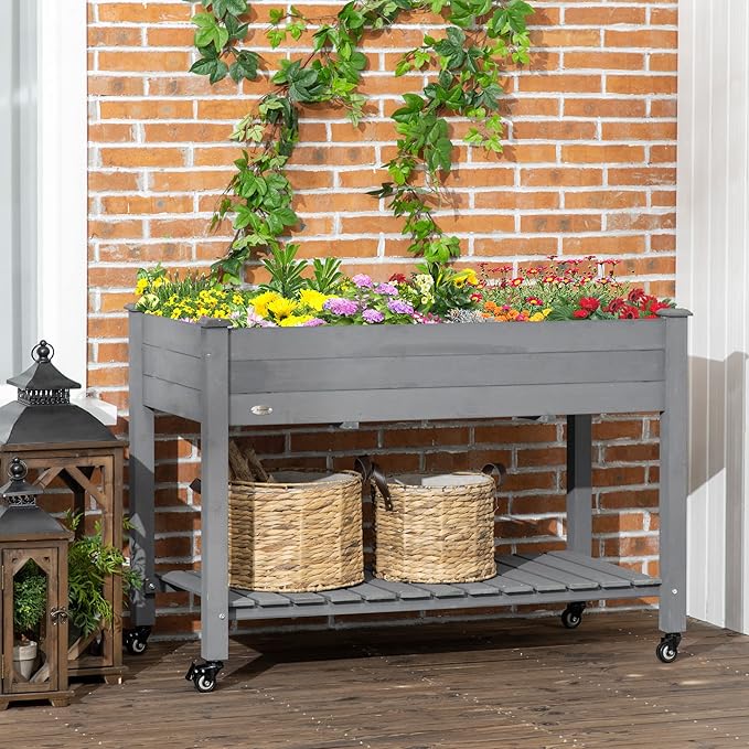 Raised Garden Bed 47 x 22 x 33 Elevated Wooden Planter Box with Lockable Wheels Storage Shelf and Bed Liner for Backyard Patio Dark Gray