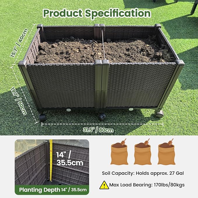 MAYOLIAH Deep Root Raised Garden Bed on Wheels Outdoor Large Plastic Planter Box with Drain Plugs 31.5x15.7x19.7-inch Brown
