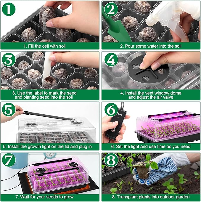 2 Set Seed Starter Kit 40-Cell Seed Starter Tray with Grow Light Full Spectrum Seedling Heat Mat 40 Peat Pellets Seed Starting Soil Plant Label Garden Tool for Germination Seeds Growing Black