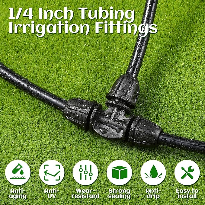 225 Pcs 1/4 Inch Tubing Irrigation Fittings Kit Locked Barbed Connectors Drip Irrigation Kit for 1/4 Inch Pipe (75 Couplings 75 Tees 30 Elbows 30 End Plugs 15 Four Way)