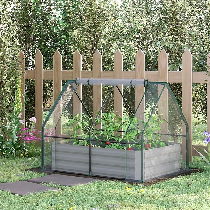4' x 3' Galvanized Raised Garden Bed with PVC Greenhouse Cover Outdoor Metal Planter Box with 2 Roll Up Windows for Growing Flowers Fruits Vegetables and Herbs Clear