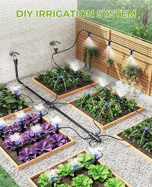 HIRALIY 128FT Drip Irrigation System Quick Connector Garden Watering Automatic Sprinkler Kit for Lawn Raised Bed Greenhouse Misting System with 3 Kinds Dripper Adjustable Nozzle