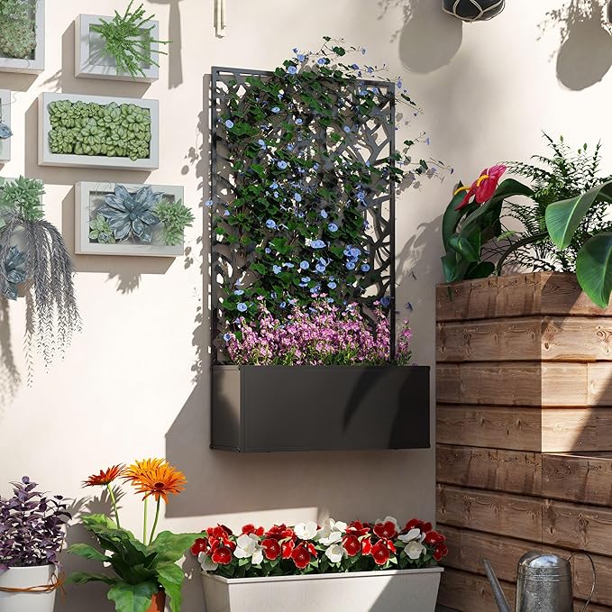 Black Metal Raised Garden Bed 24x9.1x44.5in with Elegant Tree-Motif Privacy Panel &amp Trellis 110lb Load Cap Drainage-Aerated Rust-Prevented Finish