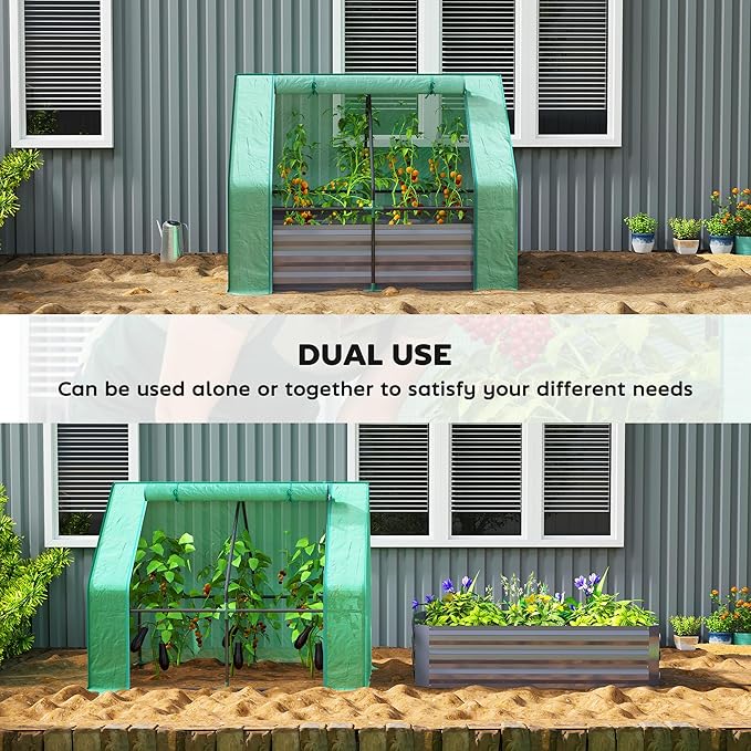 Outsunny 4 x 3 x 3ft Raised Garden Bed with Mini Greenhouse Galvanized Raised Garden Bed with Cover for Herbs and Vegetables Small Greenhouse for Patio Garden Balcony Green and Dark Gray