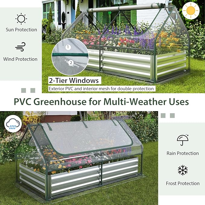 Raised Garden Bed with Cover - 6 x 3 x 3Ft Galvanized Steel Planter Box Kit with 2-Tier Roll-Up Zipper Windows Outdoor Mini Greenhouse for Growing Fruit Vegetable Flower Herbs