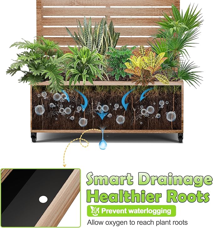 15.7×70.9×35.4 Metal Raised Garden Bed with Trellis and Wheels - Tall Trellis Planter Box for Climbing Plants Vegetables &amp Vines - Outdoor Privacy Planters for Patio (Cut Oak Grain)