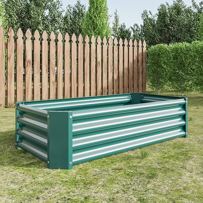 Metal Raised Garden Bed 4×2×1ft Rectangle Galvanized Planter Box with Open Bottom for Vegetables Flowers Herbs Outdoor Gardening Green