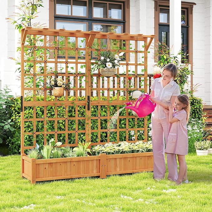 72” Planter Box with Trellis - Large Wooden Freestanding Garden Planter w/Hanging Roof 8 Drainage Holes &amp Lattice Panel - Raised Garden Bed with Trellis for Climbing Plants Flowers Vine