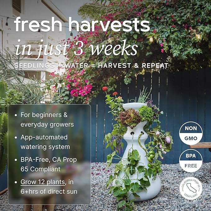 Farmstand Tiny Starter Kit with 12 Seedling Credits | 3 ft 8 in Vertical Hydroponic Garden Tower | Self-Watering Outdoor Growing System for Herbs Greens &amp Vegetables | Made in USA