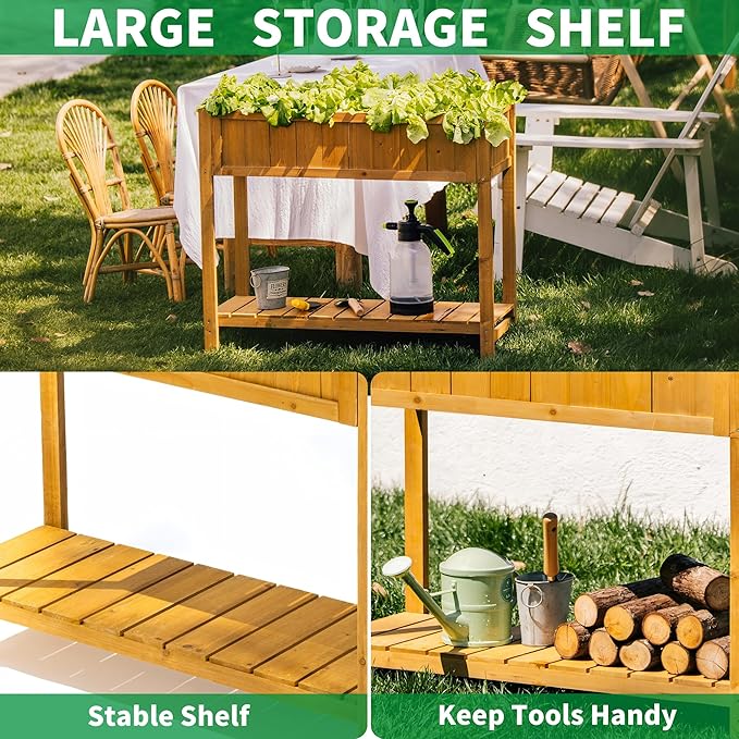 Premium Fir Wooden Raised Garden Bed with Four Legs for Backyard and Balcony GardeningSuitable for Indoor and Outdoor useBottom with Storage Rack35.04''×13''×29.92''